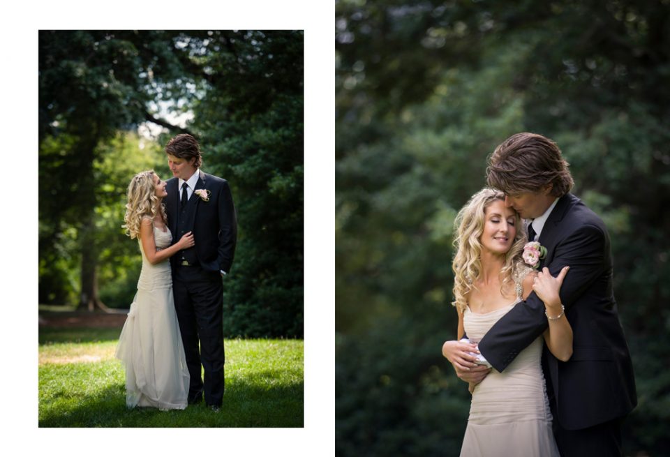 Two photos side by side, one full length, the other three quarter of a couple embracing on at their destination wedding, in Central Park New York