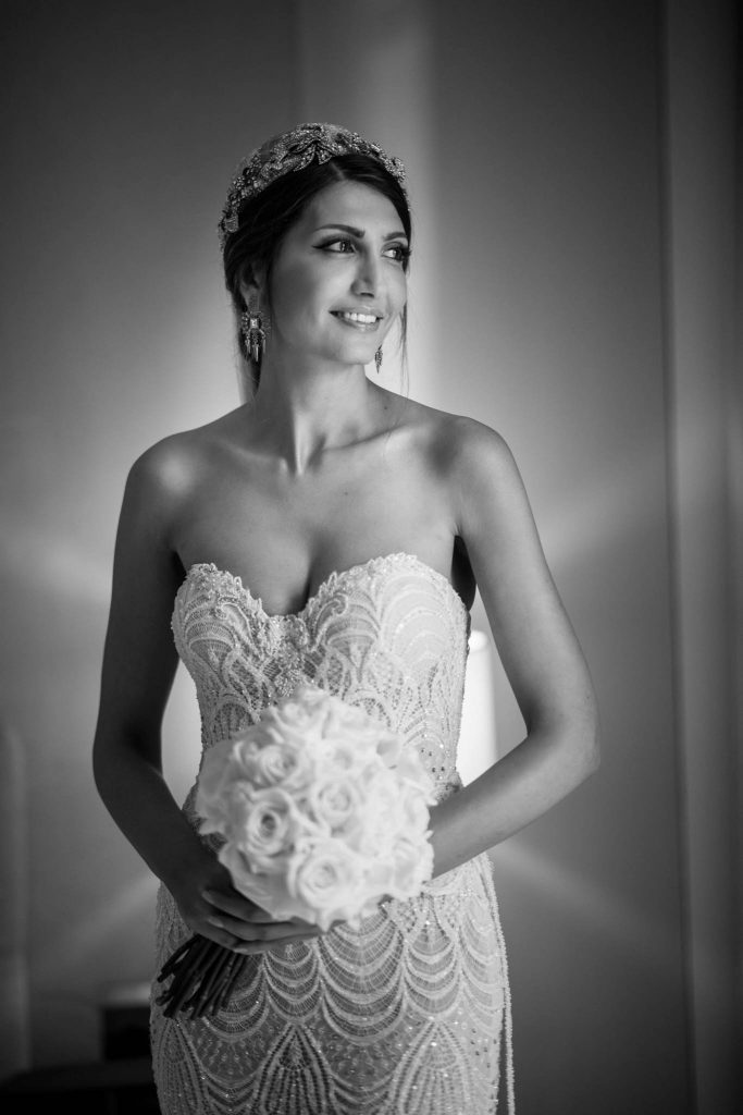 Black and white portrait of a bride on her wedding day