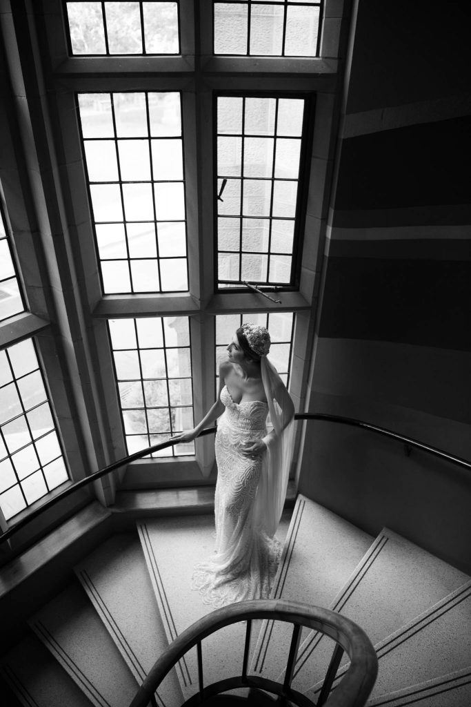 bride on stair case at sydney university