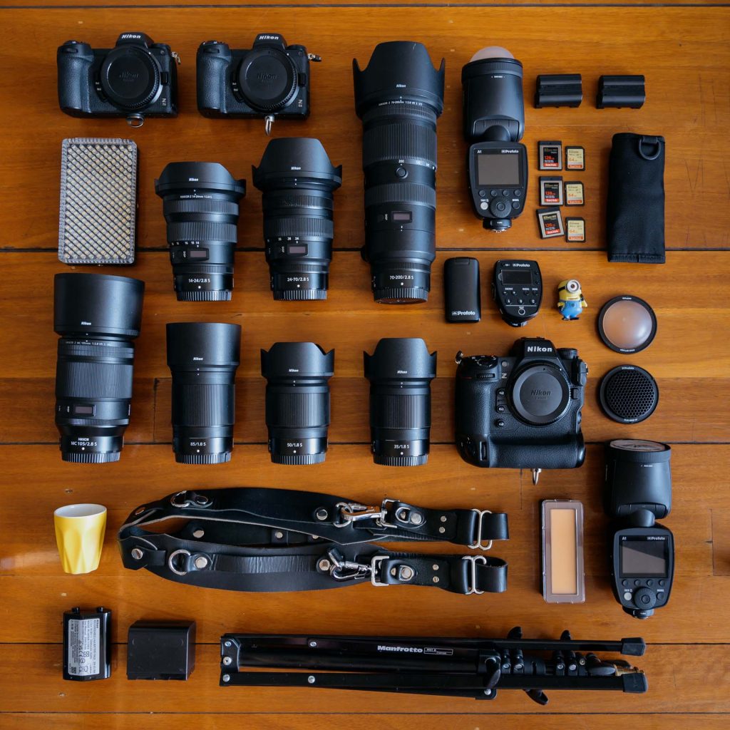 Flat layout of Nikon z series camera equipment used by rocco ancora
