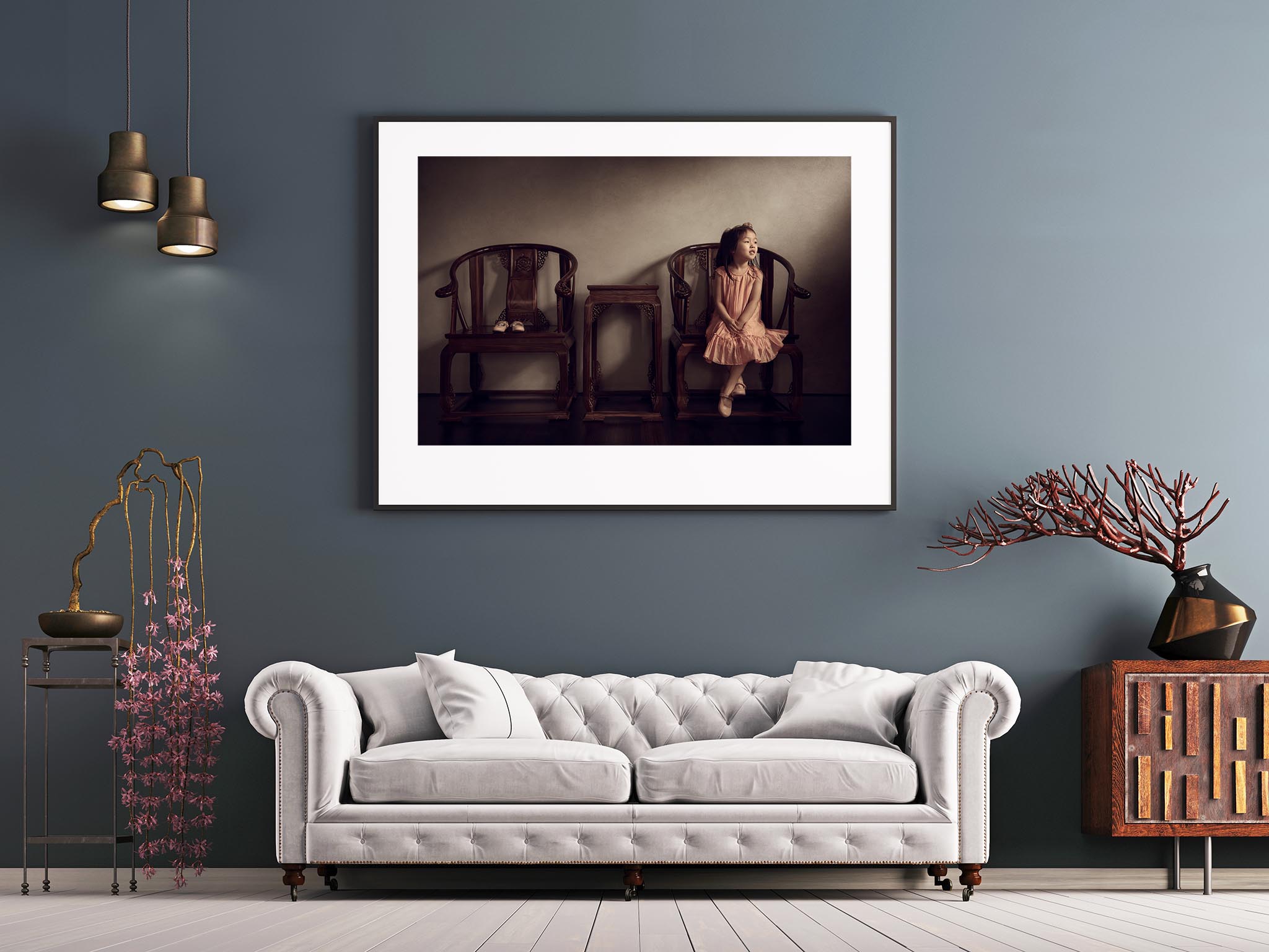 mock up poster on gray wall in interior classical style with white sofa, and decor. 3d render