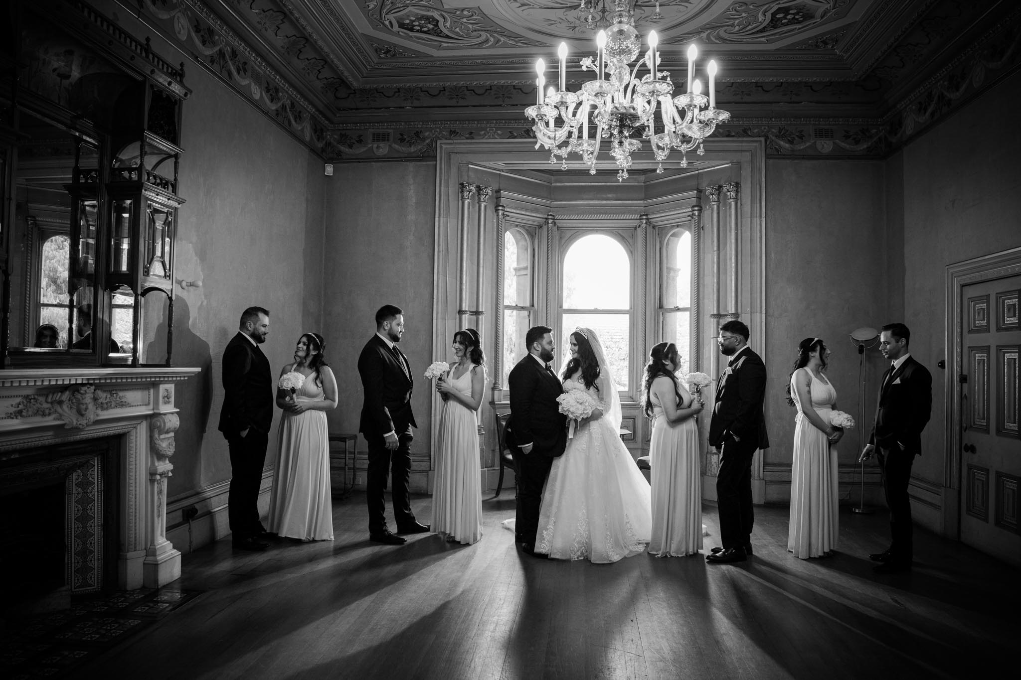 bridal party portrait in black and white at Villa Alba Museum
