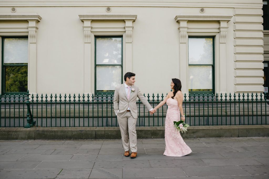 Bride and groom portraits outside Treasury Gardens during Taxi Kitchen wedding