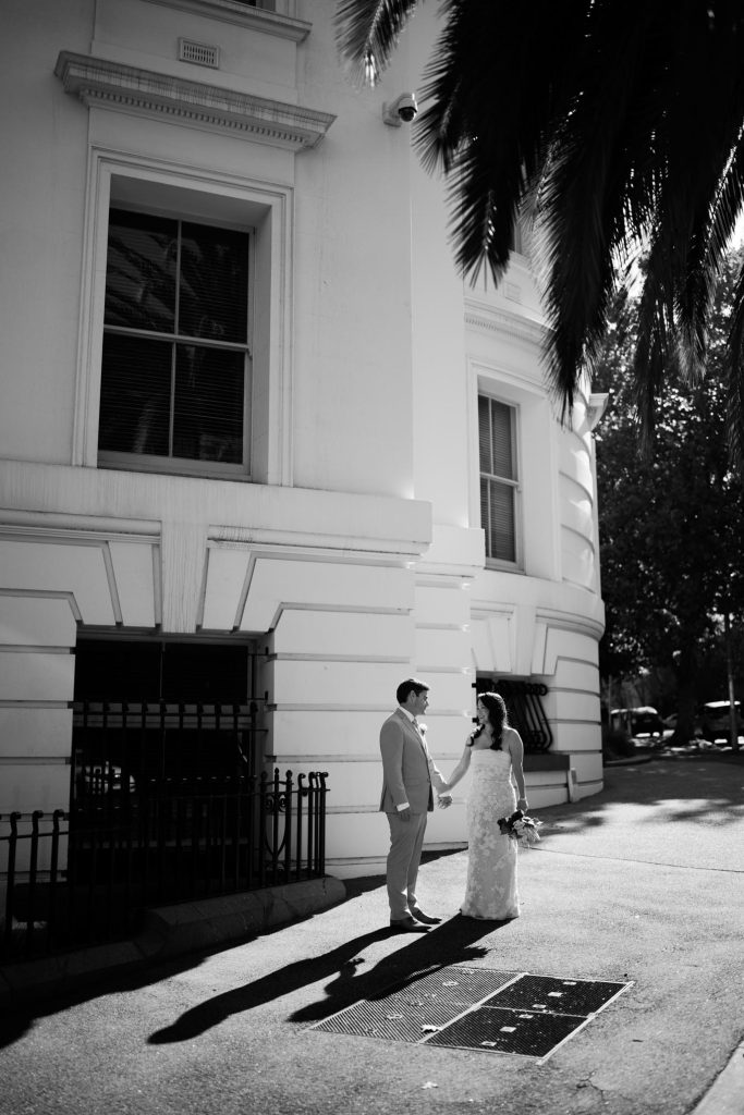 Black and white Melbourne wedding portrait near Treasury Building