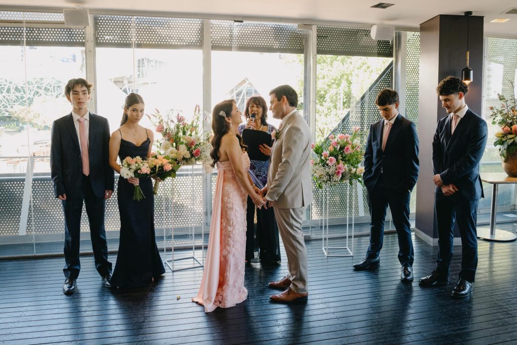 Wedding ceremony at Transport Hotel overlooking Melbourne CBD