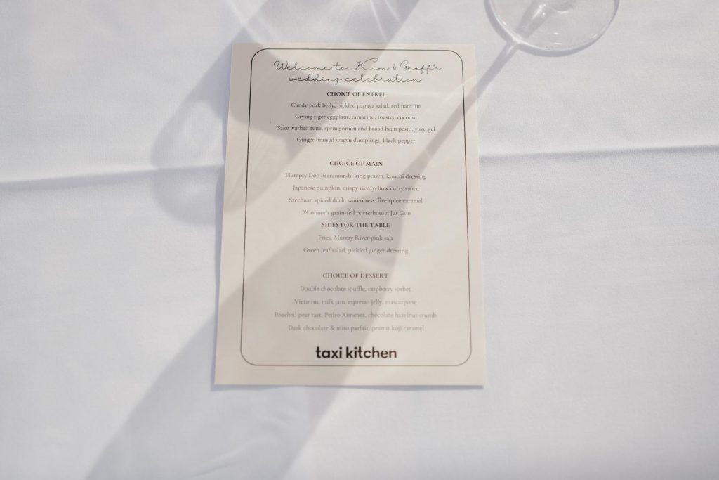 Wedding menu detail at Taxi Kitchen Melbourne