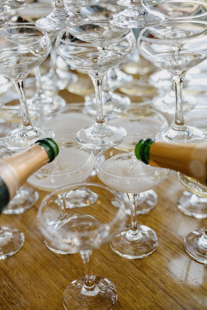 Champagne tower detail during Taxi Kitchen wedding reception