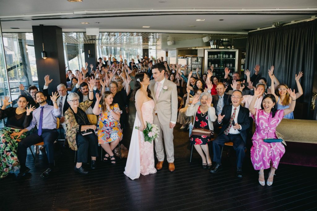 Family and guests gathered for group photo Federation Square wedding ceremony
