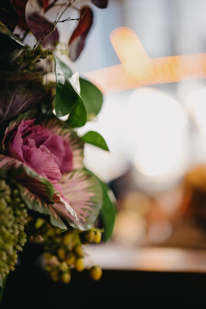 Wedding florals detail photographed during Transport Hotel wedding