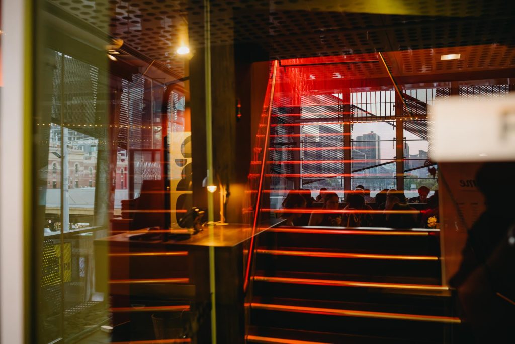 nterior staircase lighting inside Transport Hotel Melbourne wedding venue