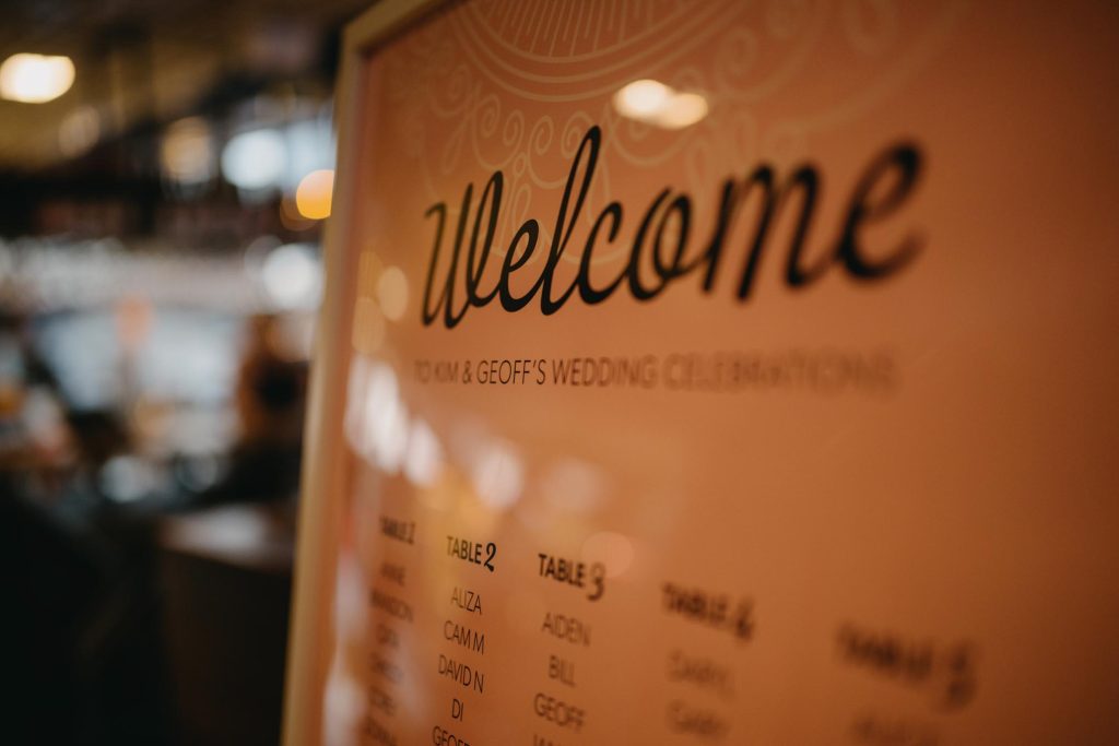 Wedding reception welcome sign at Taxi Kitchen Melbourne