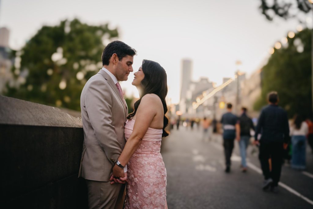 Sunset wedding portraits outside Transport Hotel Melbourne