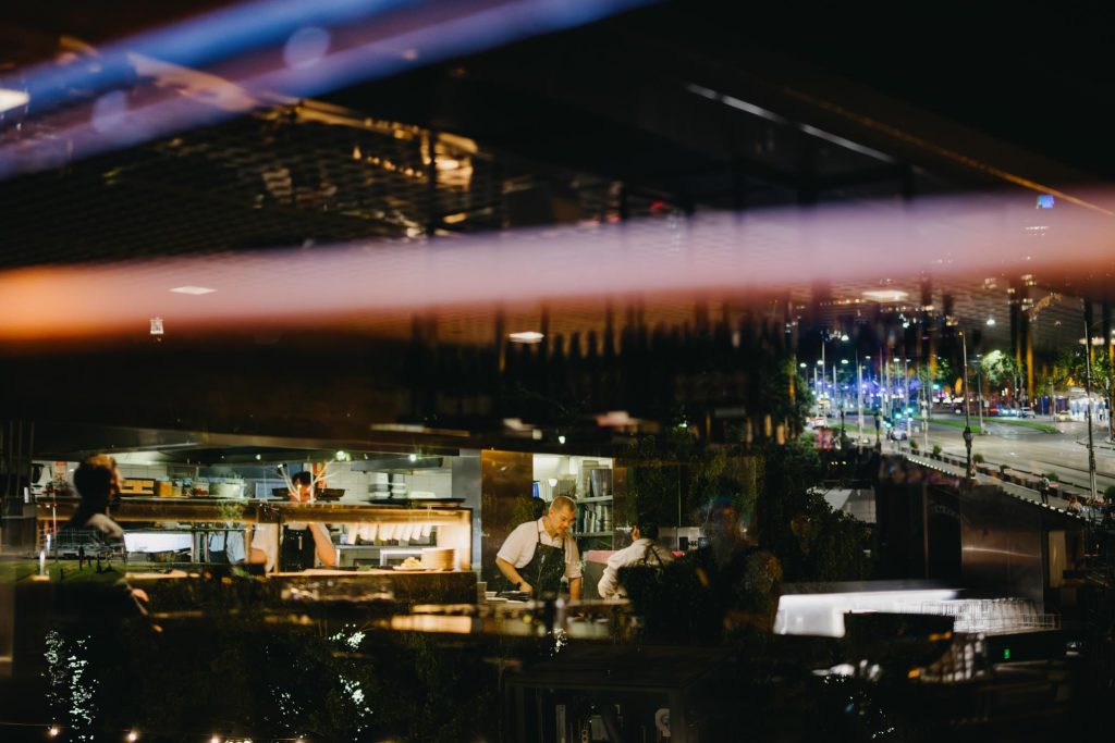 Night reflections inside Taxi Kitchen wedding venue Melbourne