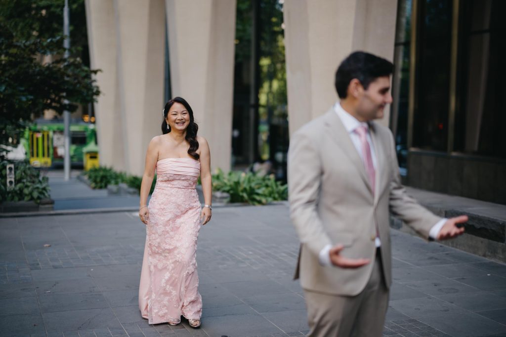 Bride and groom meeting during first look in Melbourne CBD